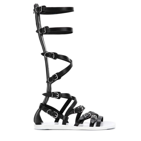 NEW BALENCIAGA BLACK LEATHER STRAPPY GLADIATOR TALL FLAT SANDALS BOOTS 38 372880 - Picture 1 of 12